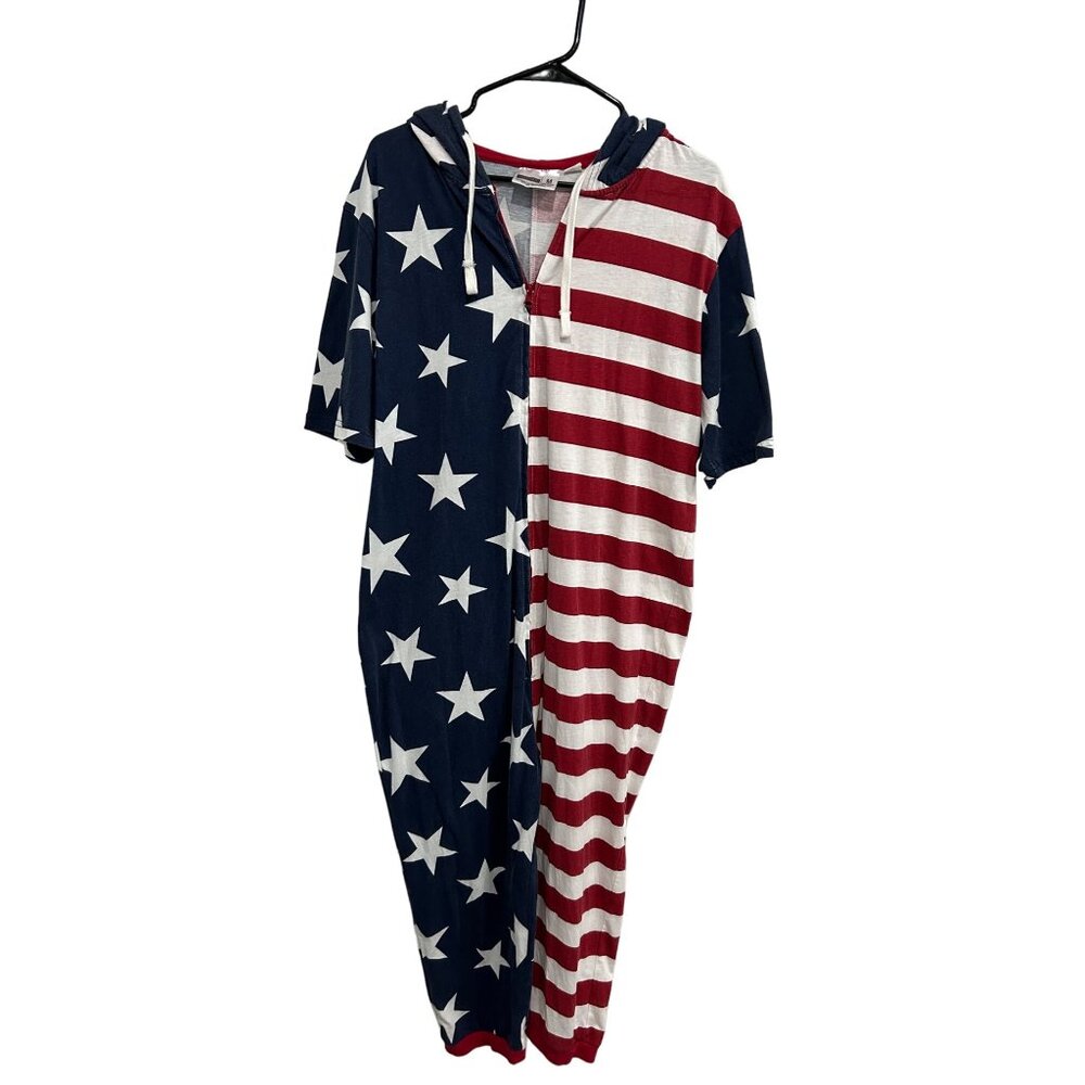 Bioworld American Flag Stars and Stripes Hooded One Piece Pajama SZ Medium